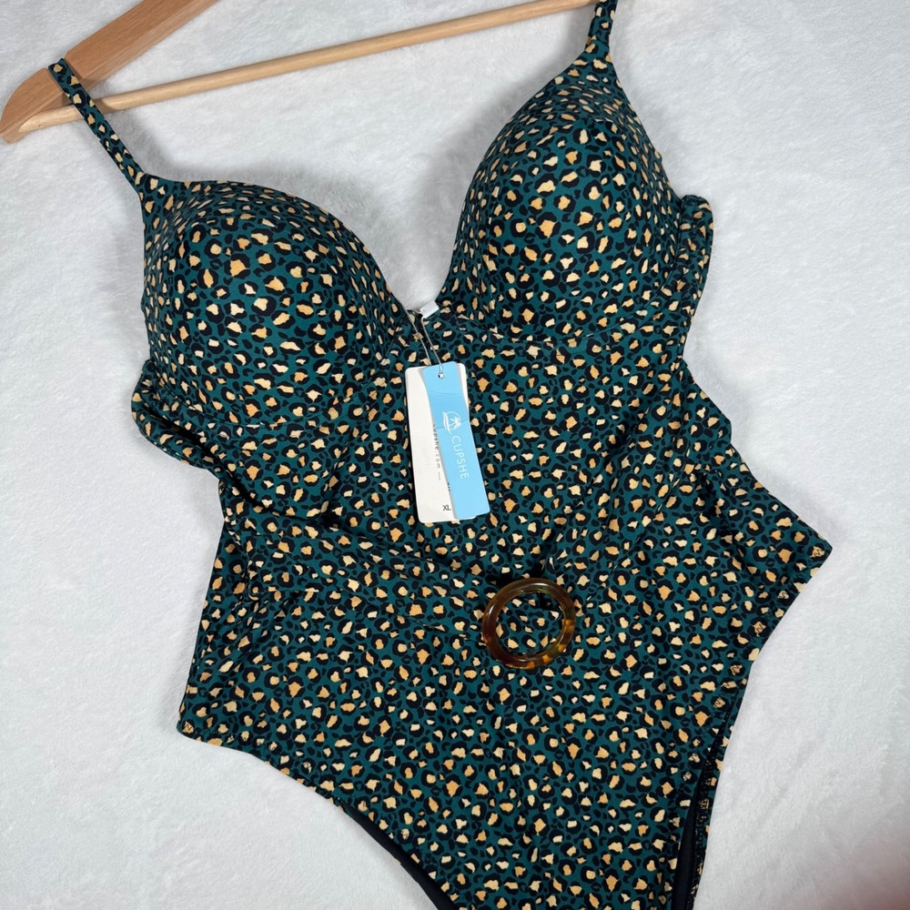 Cupsheโ Womens XL Leopard Print Underwire One Piece Swimsuit Teal ASL0017EG NWT